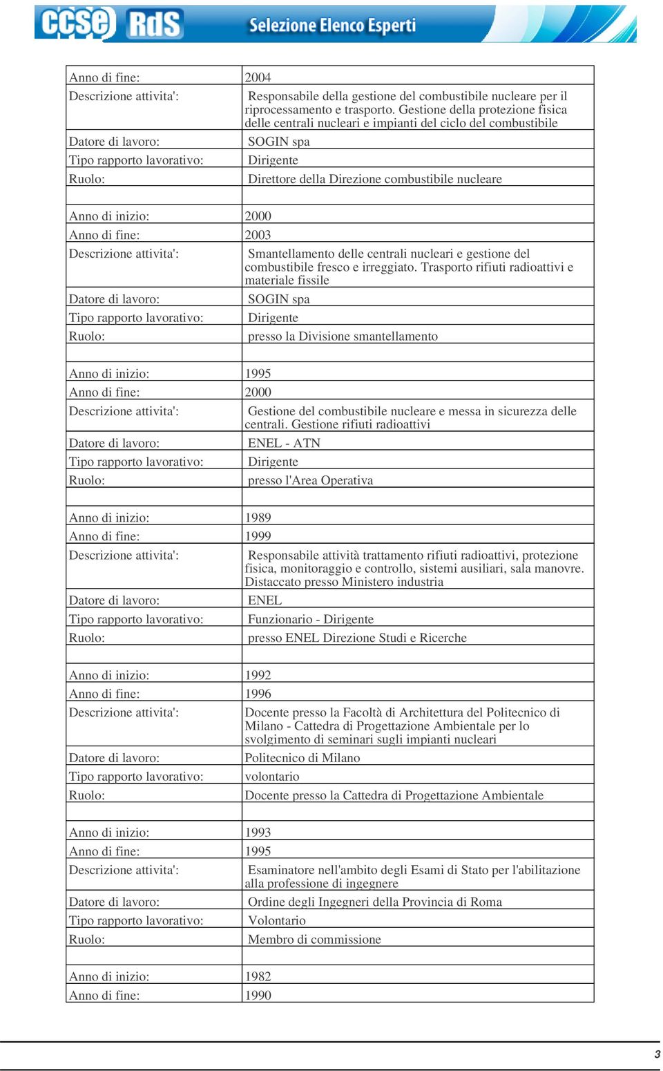 Descrizione attivita': Smantellamento delle centrali nucleari e gestione del combustibile fresco e irreggiato.