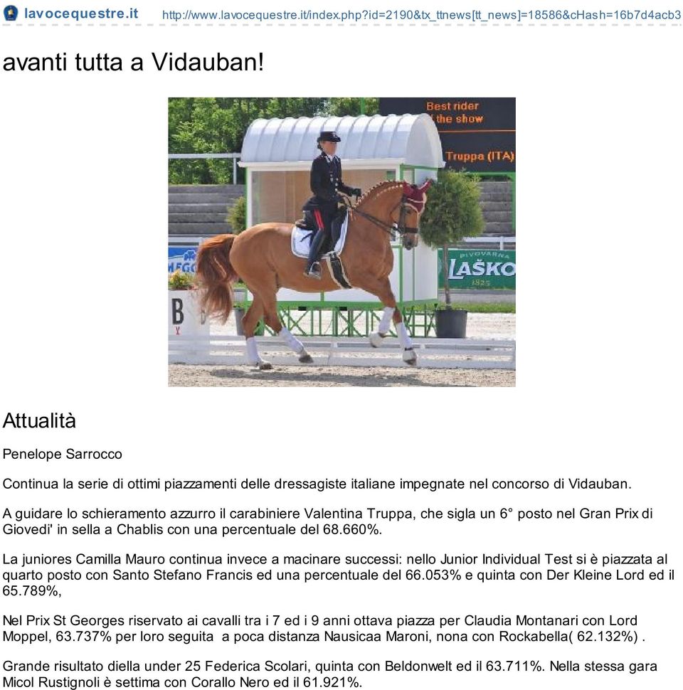 A guidare lo schieramento azzurro il carabiniere Valentina Truppa, che sigla un 6 posto nel Gran Prix di Giovedi' in sella a Chablis con una percentuale del 68.660%.