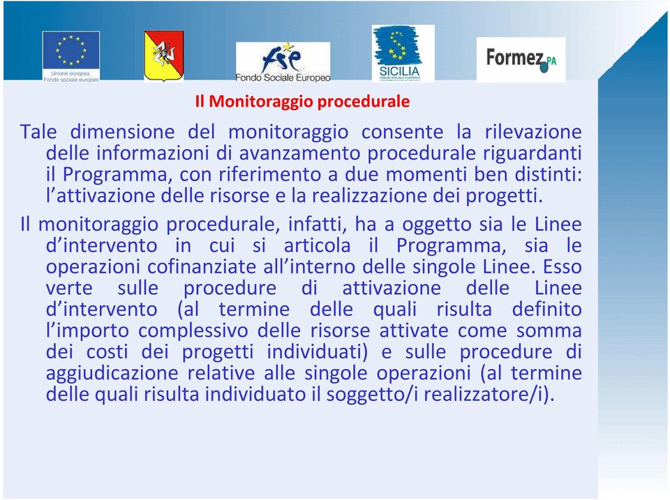 Il monitoraggio procedurale, infatti, ha a oggetto sia le Linee d intervento in cui si articola il Programma, sia le operazioni cofinanziate all interno delle singole Linee.