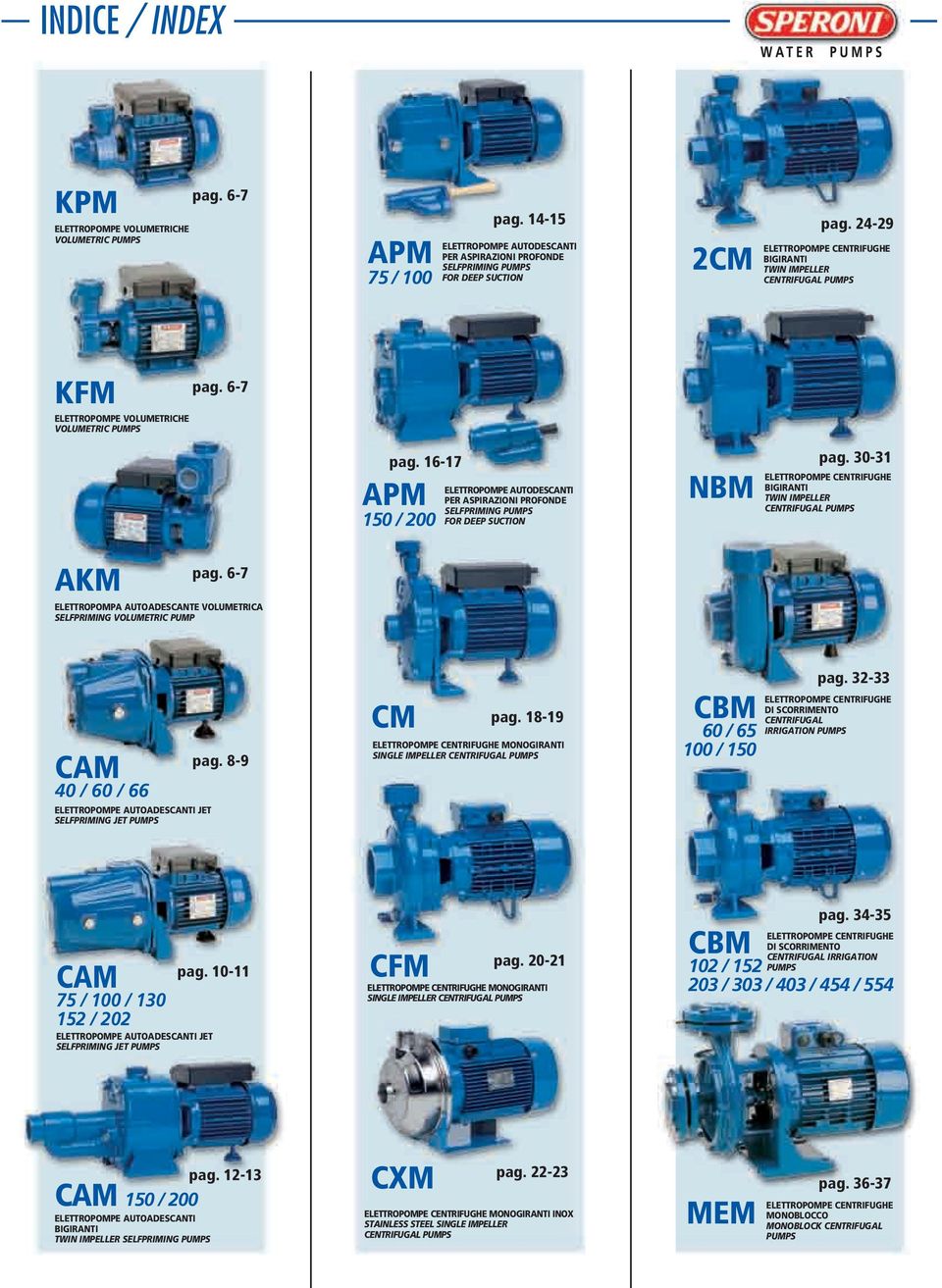 1-17 PM 1 / ELETTROPOMPE UTODESNTI PER SPIRZIONI PROFONDE SELFPRIMING PUMPS FOR DEEP SUTION NM pag. -1 ELETTROPOMPE ENTRIFUGE IGIRNTI TWIN IMPELLER ENTRIFUGL PUMPS KM pag.