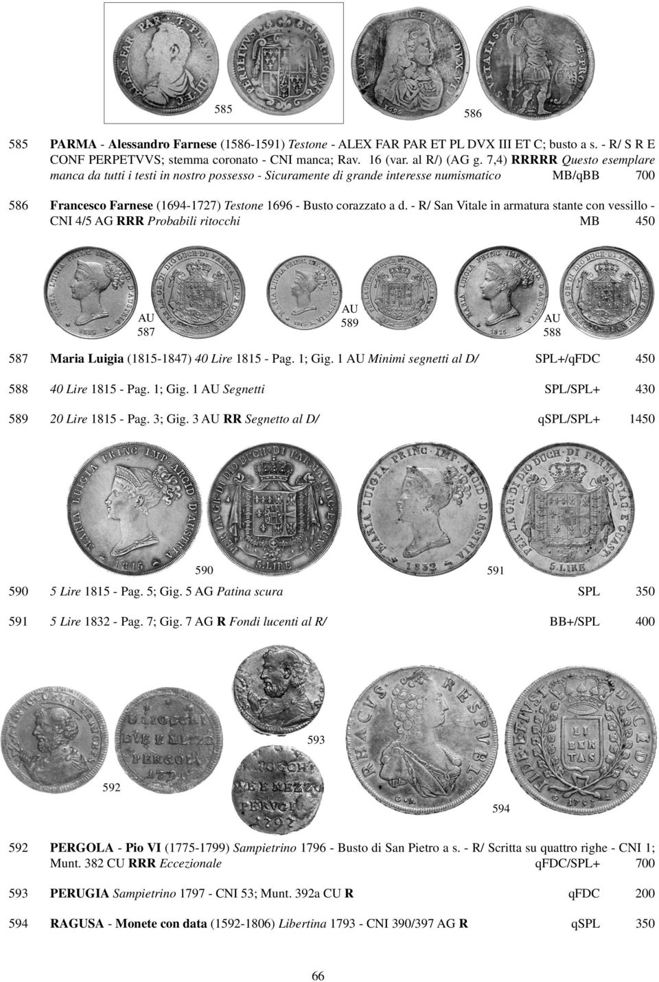 - R/ San Vitale in armatura stante con vessillo - CNI 4/5 AG RRR Probabili ritocchi MB 450 587 589 588 587 Maria Luigia (1815-1847) 40 Lire 1815 - Pag. 1; Gig.