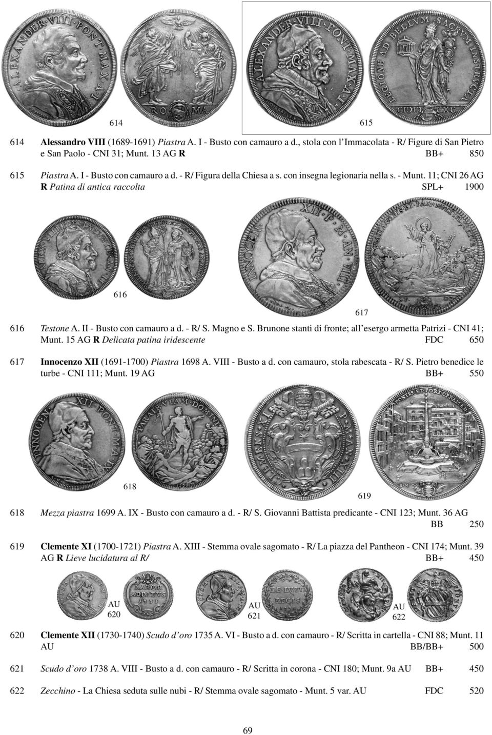 - R/ S. Magno e S. Brunone stanti di fronte; all esergo armetta Patrizi - CNI 41; Munt. 15 AG R Delicata patina iridescente FDC 650 617 Innocenzo XII (1691-1700) Piastra 1698 A. VIII - Busto a d.