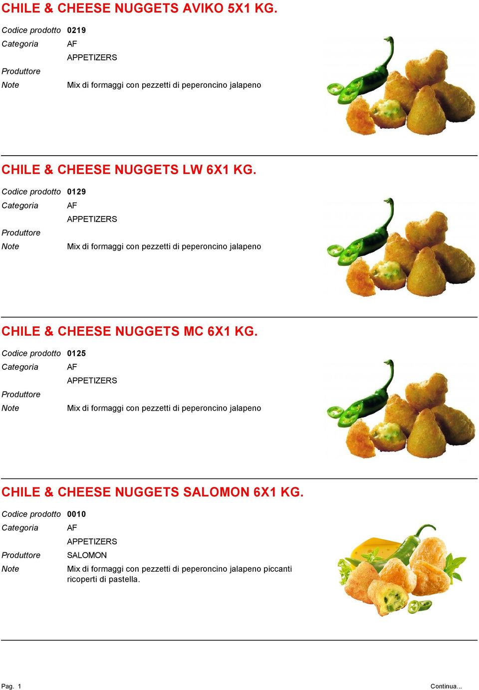 0129 Mix di formaggi con pezzetti di peperoncino jalapeno CHILE & CHEESE NUGGETS MC 6X1 KG.