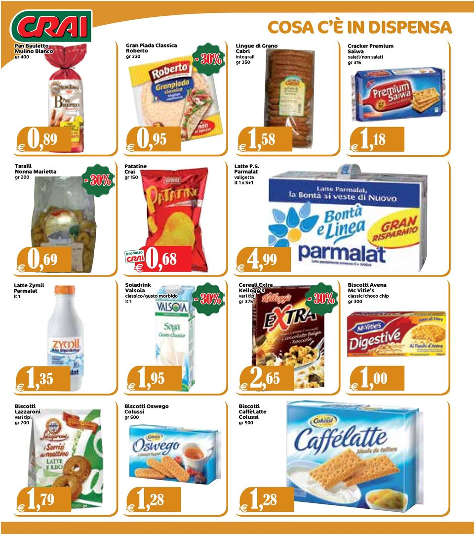 E0, 69 E0, 68 E4, 99 Latte Zymil Parmalat lt 1 Soiadrink Valsoia classico/gusto morbido lt 1 Cereali Extra Kellogg s gr 375 Biscotti Avena Mc Vitie