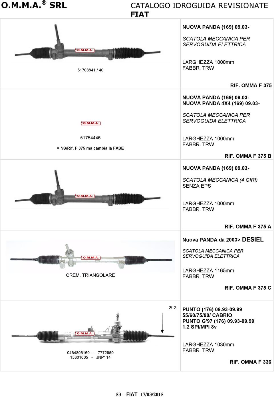 03- SCATOLA MECCANICA (4 GIRI) SENZA EPS LARGHEZZA 1000mm RIF. OMMA F 375 A Nuova PANDA da 2003> DESIEL SCATOLA MECCANICA PER SERVOGUIDA ELETTRICA CREM.