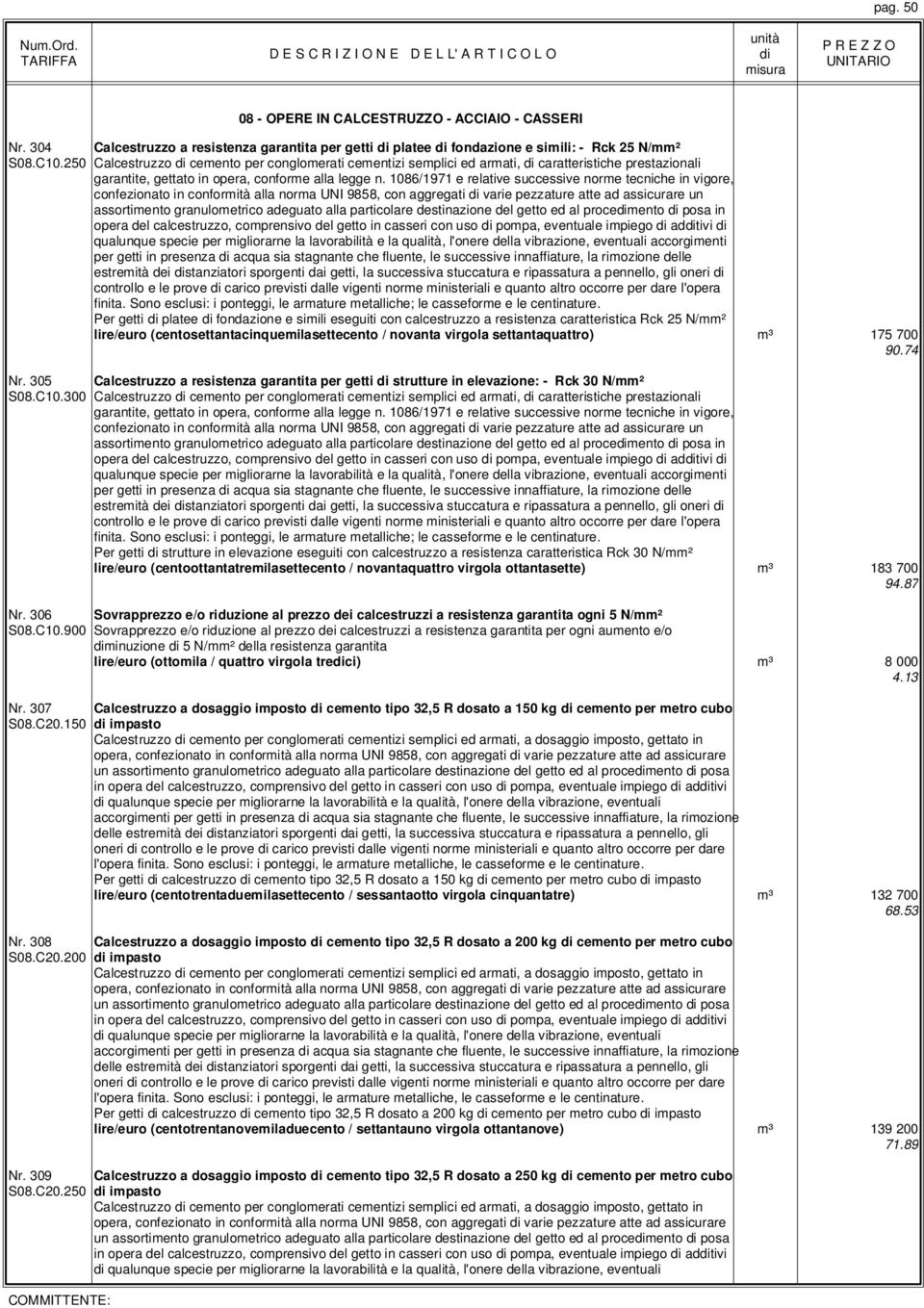 1086/1971 e relative successive norme tecniche in vigore, confezionato in conformità alla norma UNI 9858, con aggregati varie pezzature atte ad assicurare un assortimento granulometrico adeguato alla