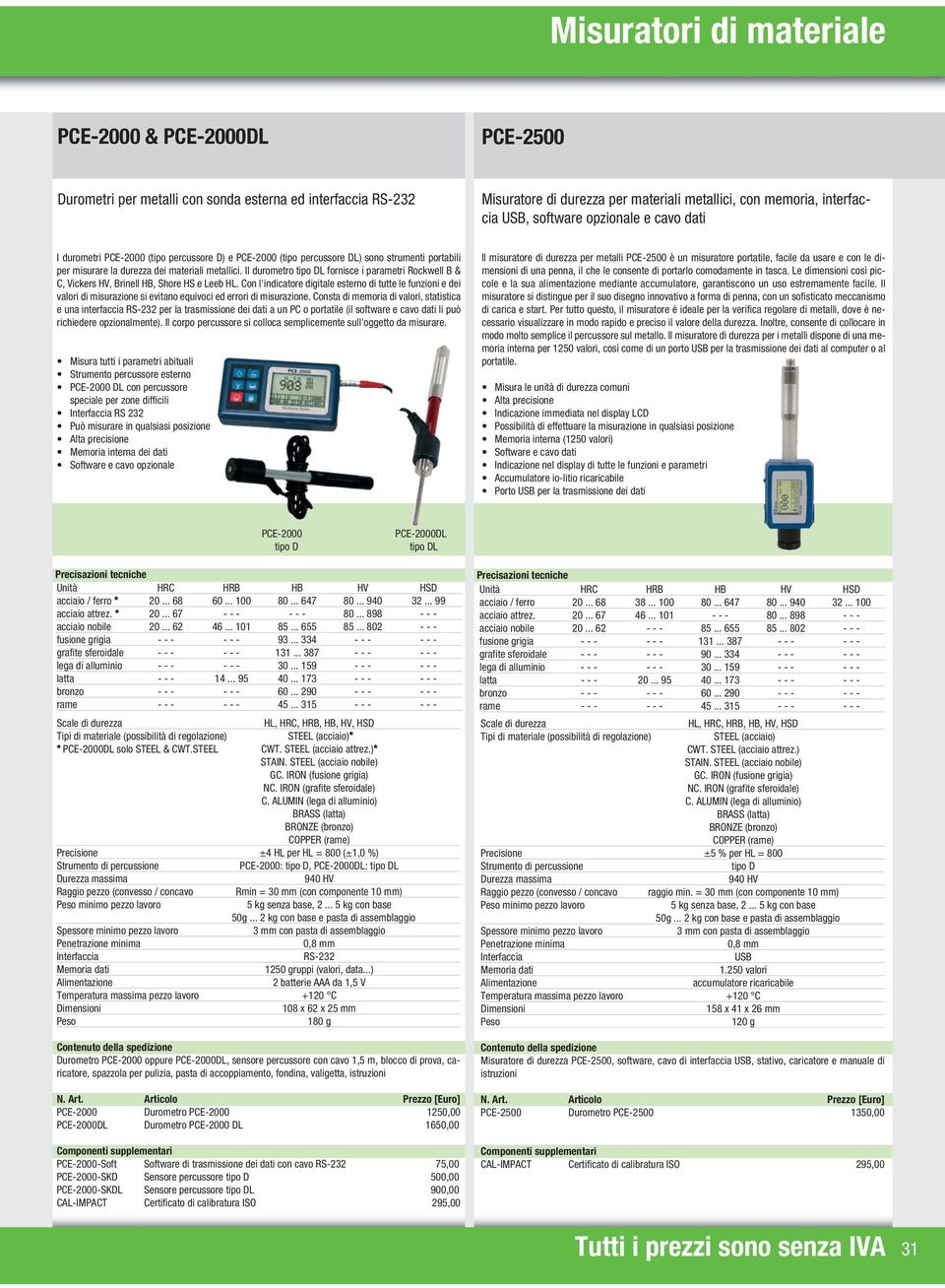 Il durometro tipo DL fornisce i parametri Rockwell B & C, Vickers HV, Brinell HB, Shore HS e Leeb HL.