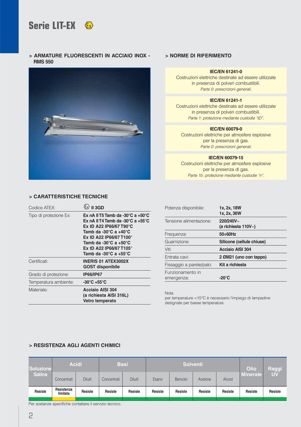 > CARATTERISTICHE TECNICHE Codice ATEX: Tipo di protezione Ex: Certificati: Grado di protezione: Temperatura ambiente: II 3GD Ex na II T5 Tamb da -30 C a +50 C Ex na II T4 Tamb da -30 C a +55 C Ex td