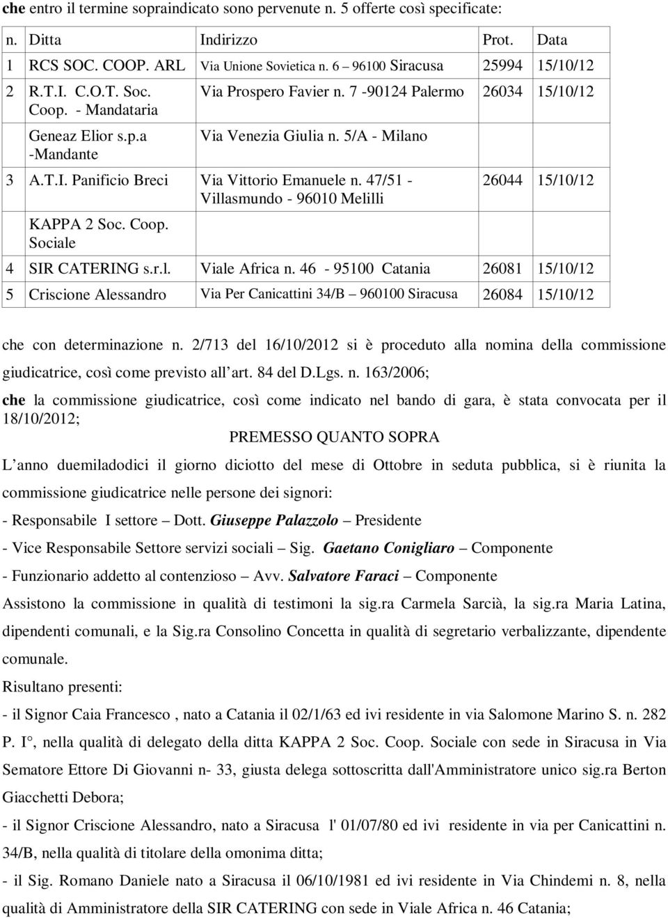 47/51 - Villasmundo - 96010 Melilli KAPPA 2 Soc. Coop. Sociale 26044 15/10/12 4 SIR CATERING s.r.l. Viale Africa n.