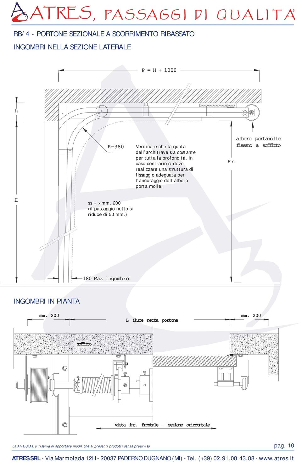 n albero portamolle fiato a soffitto = > mm. 200 (il paaggio netto si riduce di 50 mm.) 180 Max ingombro INGOMBRI IN PIANTA mm.