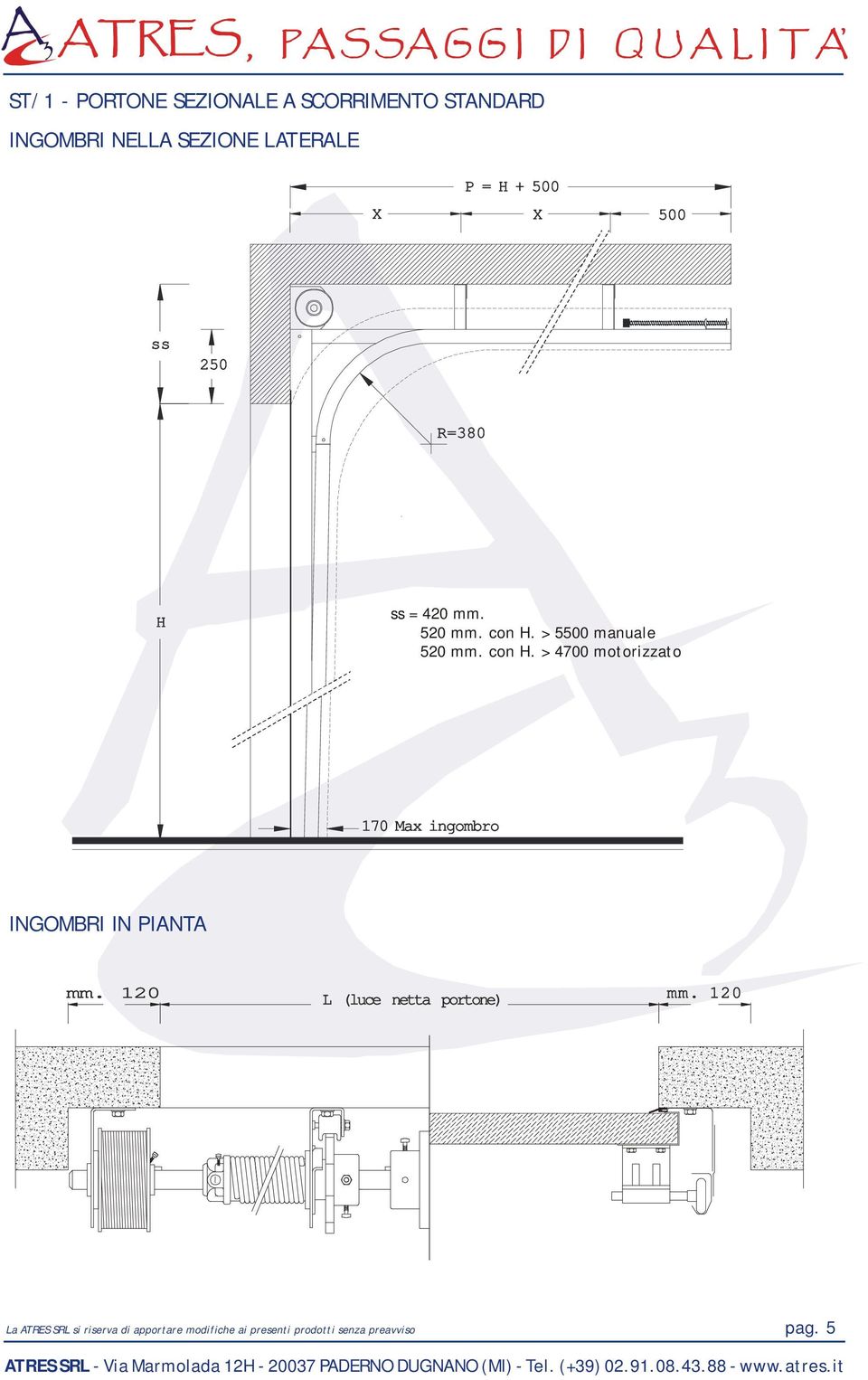 > 5500 manuale 520 mm. con. > 4700 motorizzato 170 Max ingombro INGOMBRI IN PIANTA mm.