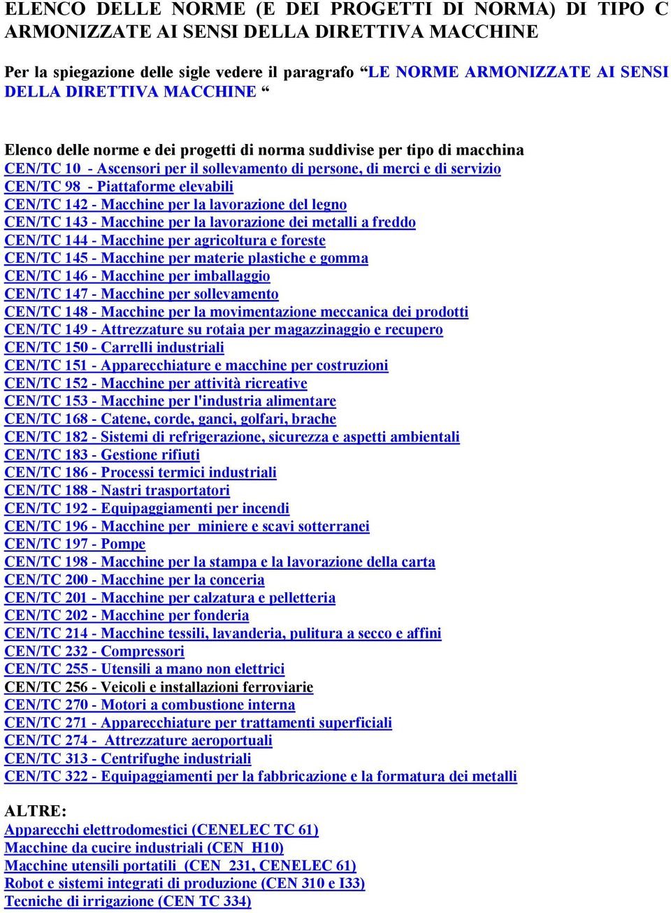 CEN/TC 142 - Macchine per la lavorazione del legno CEN/TC 143 - Macchine per la lavorazione dei metalli a freddo CEN/TC 144 - Macchine per agricoltura e foreste CEN/TC 145 - Macchine per materie