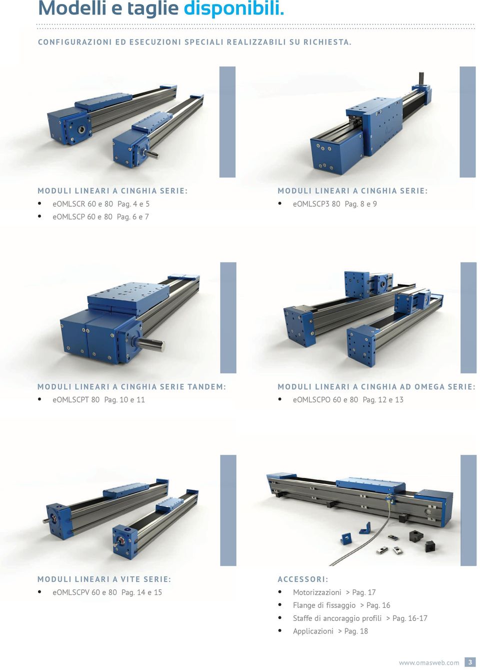 8 e 9 MODULI LINEARI A CINGHIA SERIE TANDEM: eomlscpt 80 Pag. 10 e 11 MODULI LINEARI A CINGHIA AD OMEGA SERIE: eomlscpo 60 e 80 Pag.