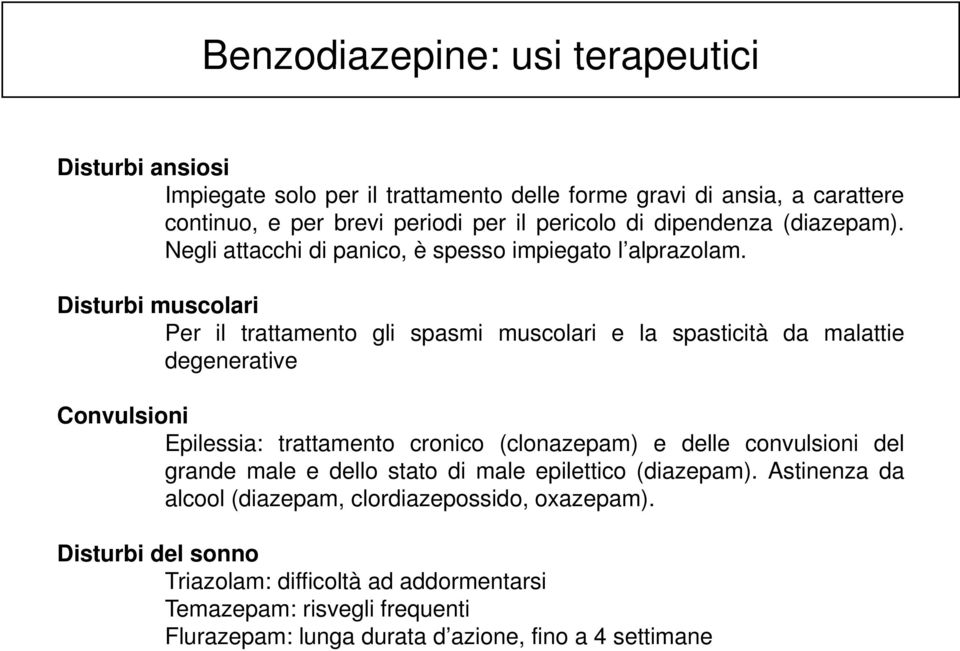 Disturbi muscolari Per il trattamento gli spasmi muscolari e la spasticità da malattie degenerative Convulsioni Epilessia: trattamento cronico (clonazepam) e delle