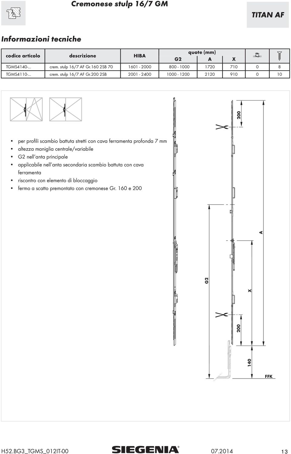 200 2SB 2001-2400 1000-1200 2120 910 0 10 per profili scambio battuta stretti con cava ferramenta profonda 7 mm altezza maniglia centrale/variabile