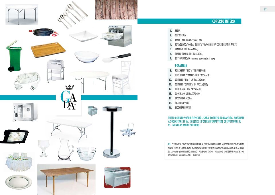 COLTELLO SMALL : UN PASSAGGIO; 12. CUCCHIAINO: UN PASSAGGIO; 13. CUCCHIAIO: UN PASSAGGIO; 14. BICCCHIERI ACQUA; 15. BICCHIERI VINO; 16.