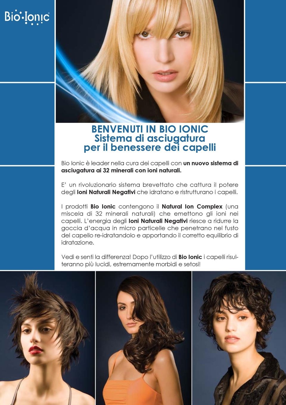 I prodotti Bio Ionic contengono il Natural Ion Complex (una miscela di 32 minerali naturali) che emettono gli ioni nei capelli.