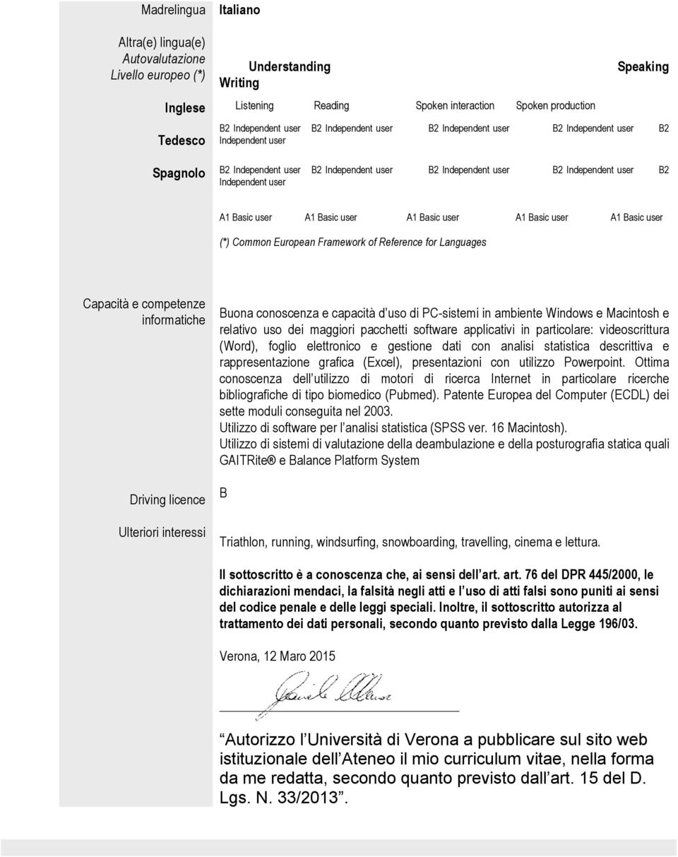 Basic user A1 Basic user A1 Basic user A1 Basic user A1 Basic user (*) Common European Framework of Reference for Languages Capacità e competenze informatiche Driving licence Ulteriori interessi