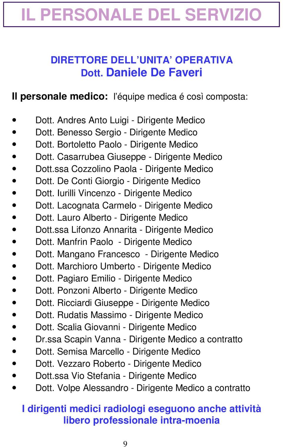 De Conti Giorgio - Dirigente Medico Dott. Iurilli Vincenzo - Dirigente Medico Dott. Lacognata Carmelo - Dirigente Medico Dott. Lauro Alberto - Dirigente Medico Dott.