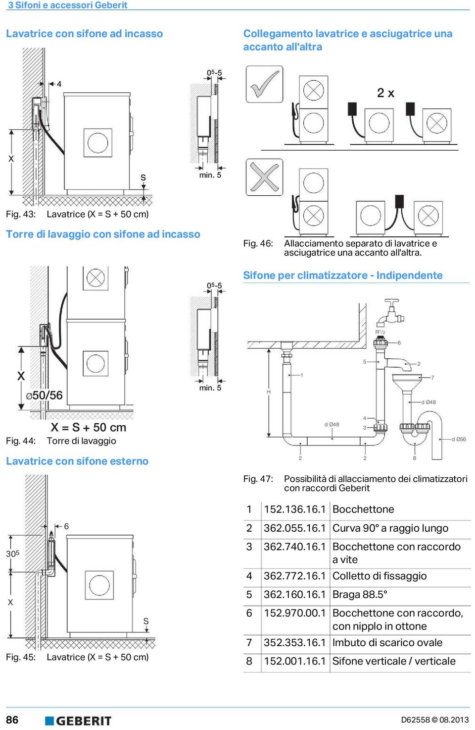 44: X = S + 50 cm Torre i lavaggio Ø48 4 3 Ø56 Lavatrice con sifone esterno Fig. 47: 8 Possibilità i allacciamento ei climatizzatori con raccori Geberit 30 5 X Fig.