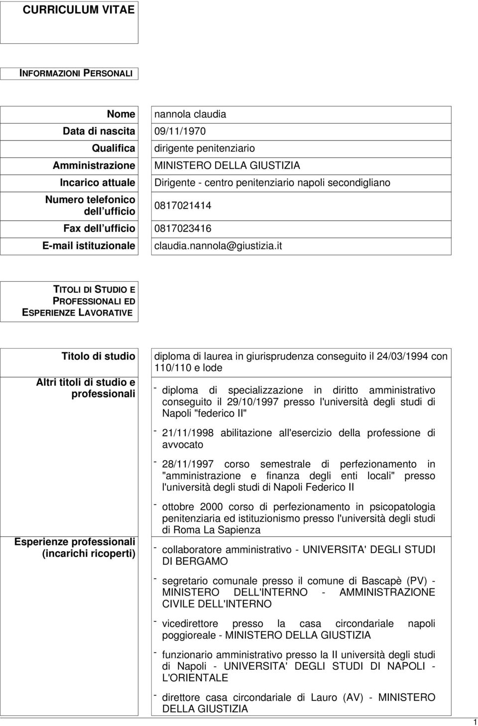 it TITOLI DI STUDIO E PROFESSIONALI ED ESPERIENZE LAVORATIVE Titolo di studio Altri titoli di studio e professionali Esperienze professionali (incarichi ricoperti) diploma di laurea in giurisprudenza