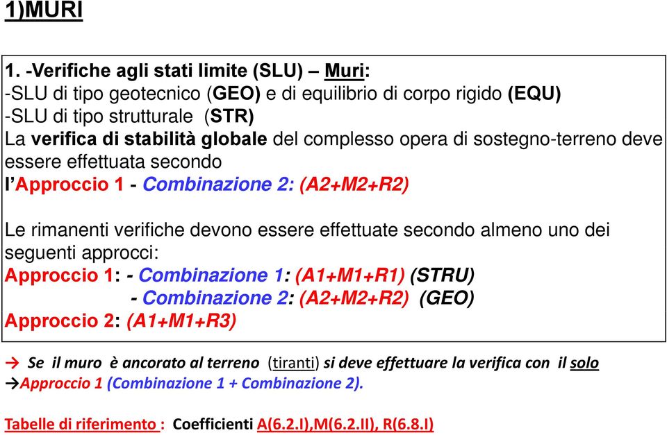 del complesso opera di sostegno-terreno deve essere effettuata secondo l Approccio 1 - Combinazione 2: (A2+M2+R2) Le rimanenti verifiche devono essere effettuate secondo