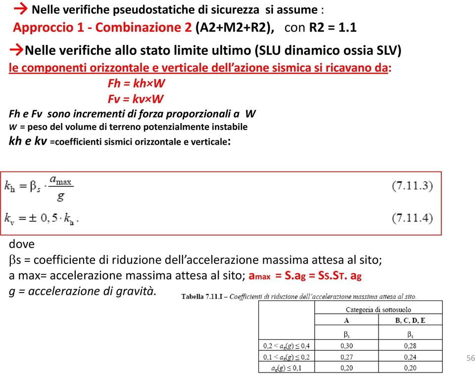 Fv = kv W Fh e Fv sono incrementi di forza proporzionali a W W = peso del volume di terreno potenzialmente instabile kh e kv =coefficienti sismici