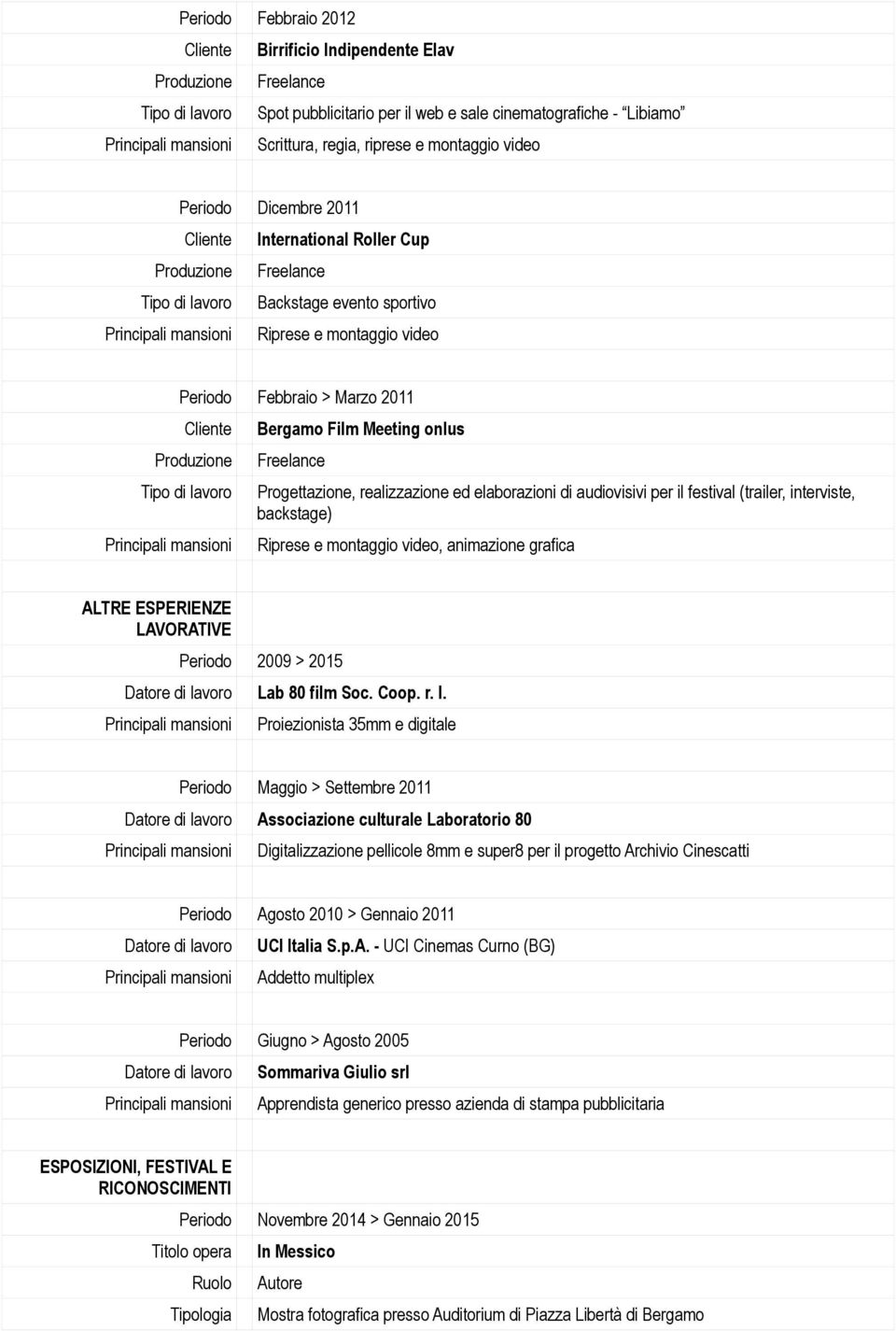 backstage) ALTRE ESPERIENZE LAVORATIVE Periodo 2009 > 2015 Datore di la