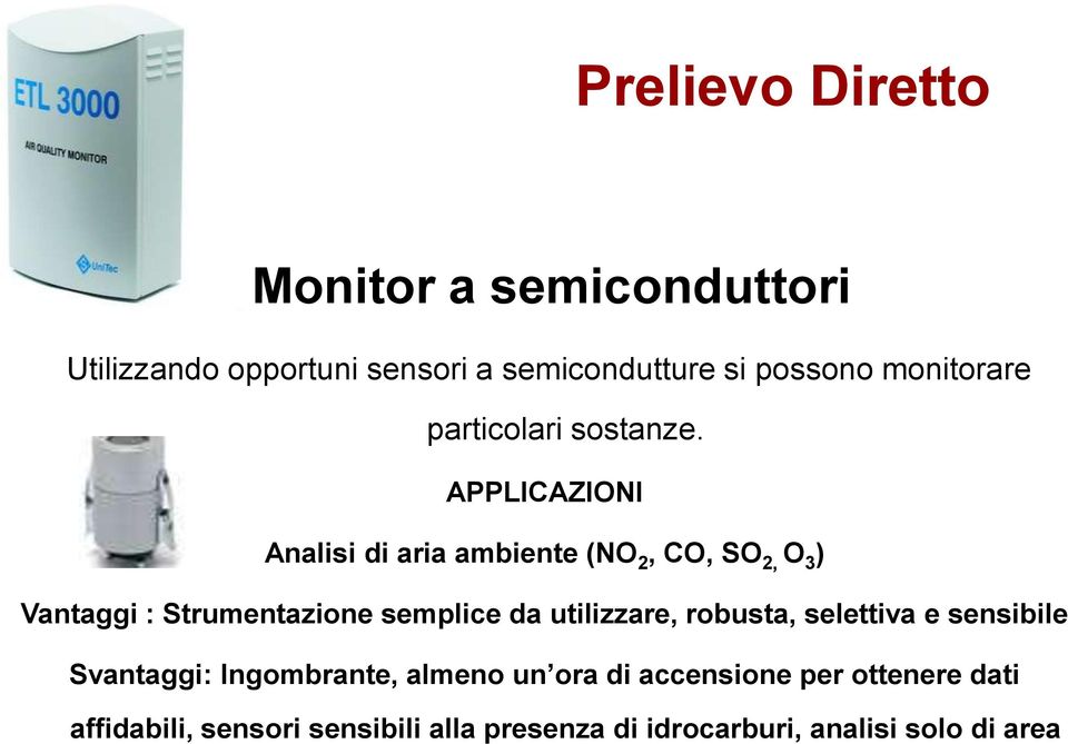 APPLICAZIONI Analisi di aria ambiente (NO 2, CO, SO 2, O 3 ) Vantaggi : Strumentazione semplice da