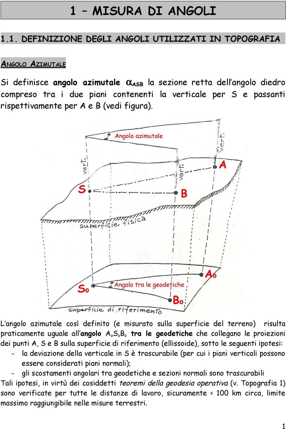 L angolo azimutale così definito (e misurato sulla superficie del terreno) risulta praticamente uguale all angolo AoSoBo tra le geodetiche che collegano le proiezioni dei punti A, S e B sulla