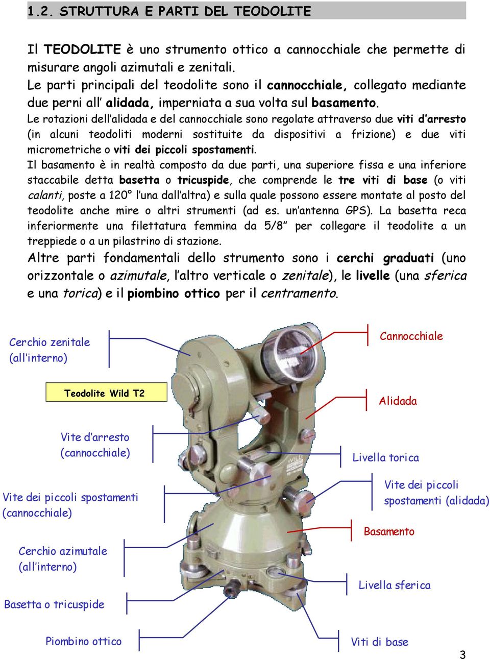 Le rotazioni dell alidada e del cannocchiale sono regolate attraverso due viti d arresto (in alcuni teodoliti moderni sostituite da dispositivi a frizione) e due viti micrometriche o viti dei piccoli