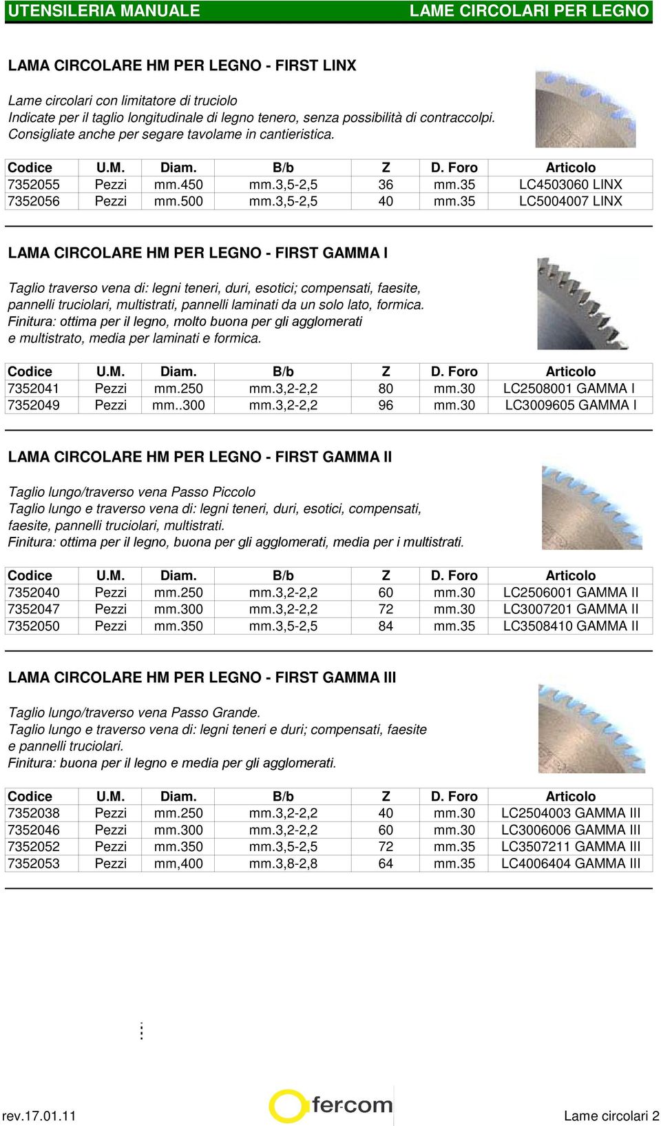 35 LC4503060 LINX LC5004007 LINX LAMA CIRCOLARE HM PER LEGNO - FIRST GAMMA I Taglio traverso vena di: legni teneri, duri, esotici; compensati, faesite, pannelli truciolari, multistrati, pannelli