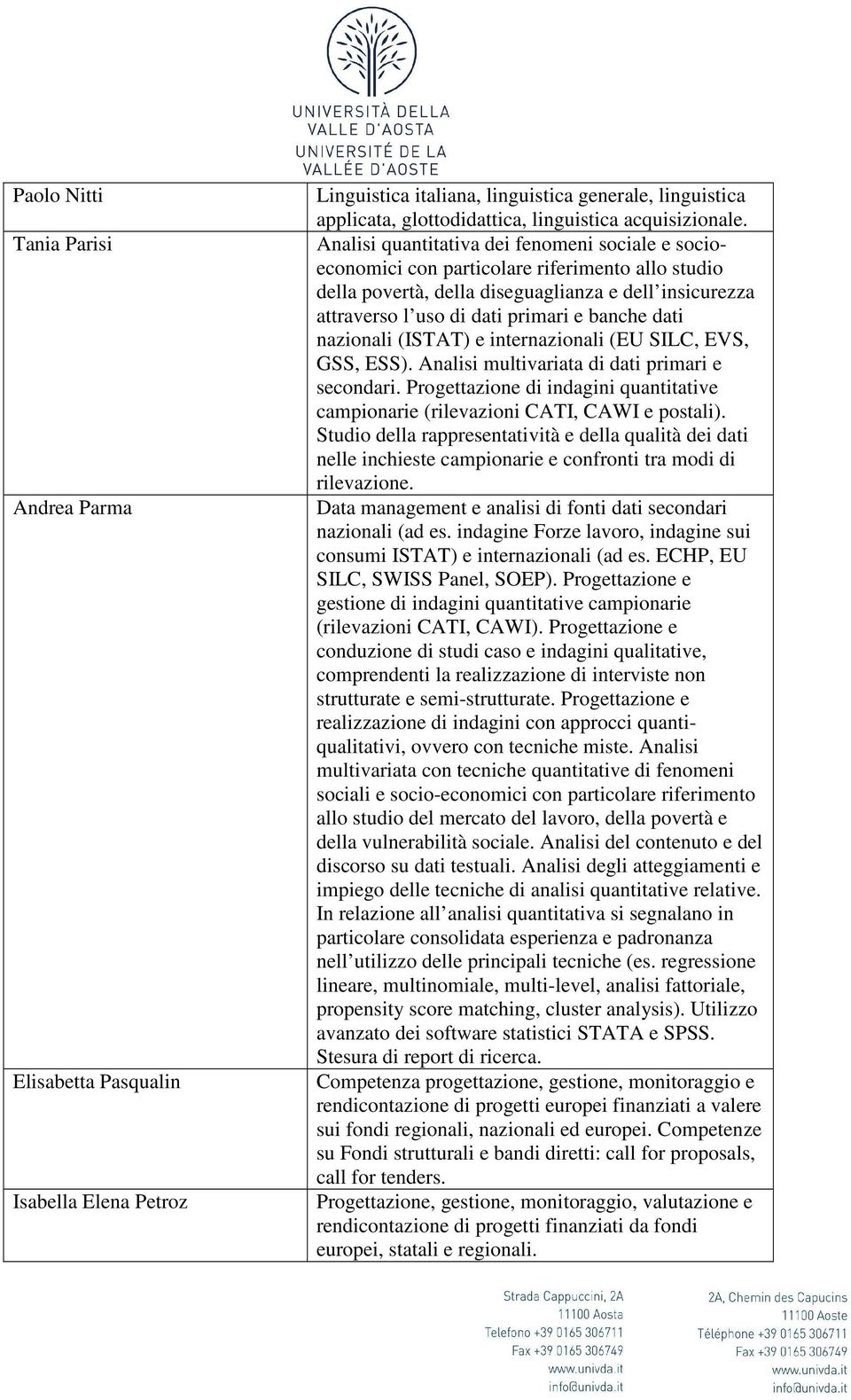 dati nazionali (ISTAT) e internazionali (EU SILC, EVS, GSS, ESS). Analisi multivariata di dati primari e secondari.