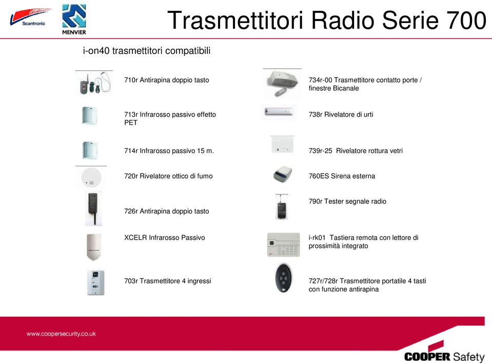 739r-25 Rivelatore rottura vetri 720r Rivelatore ottico di fumo 760ES Sirena esterna 726r Antirapina doppio tasto 790r Tester segnale radio