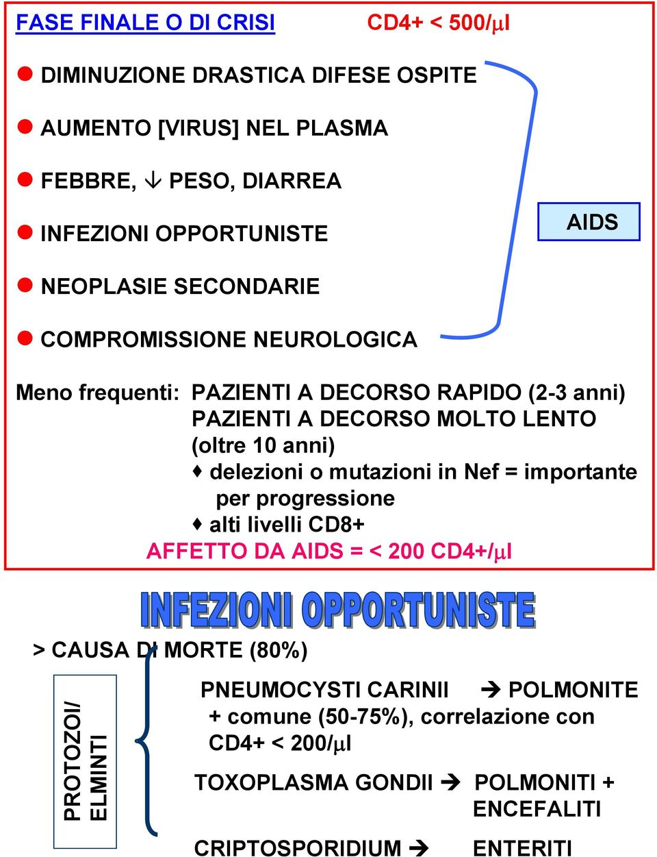 anni) delezioni o mutazioni in Nef = importante per progressione alti livelli CD8+ AFFETTO DA AIDS = < 200 CD4+/µl > CAUSA DI MORTE (80%) PROTOZOI/