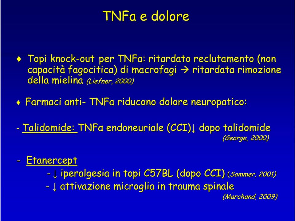 neuropatico: - Talidomide: TNFα endoneuriale (CCI) dopo talidomide - Etanercept - iperalgesia in topi
