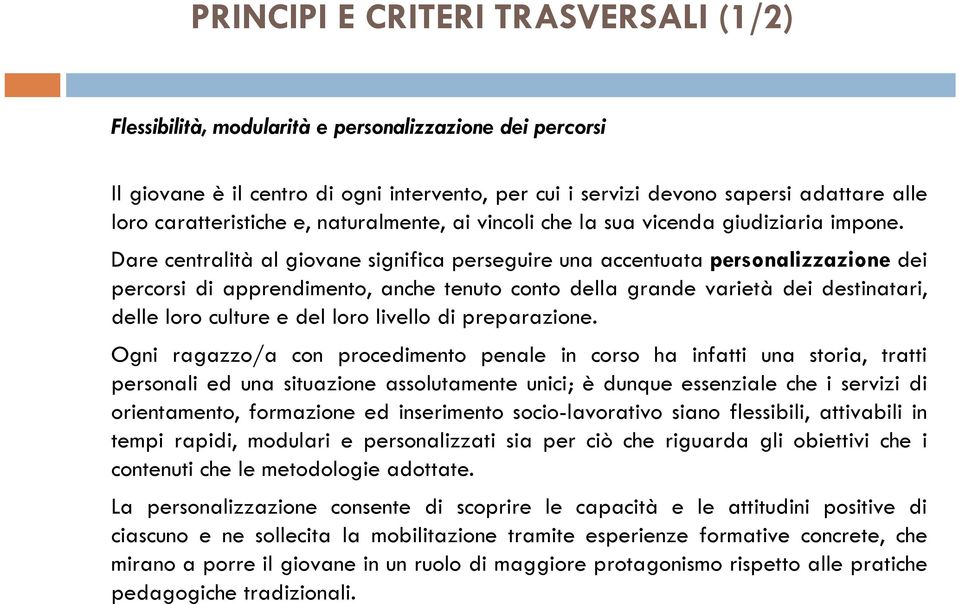 Dare centralità al giovane significa perseguire una accentuata personalizzazione dei percorsi di apprendimento, anche tenuto conto della grande varietà dei destinatari, delle loro culture e del loro