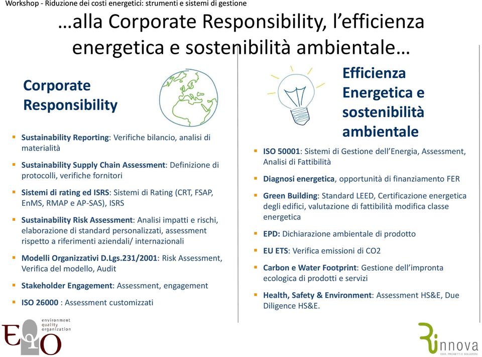 rischi, elaborazionedi standard personalizzati, assessment rispetto a riferimenti aziendali/ internazionali ModelliOrganizzativiD.Lgs.