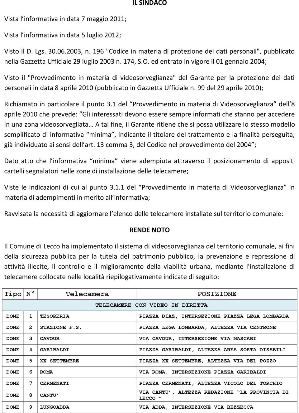 ed entrato in vigore il 01 gennaio 2004; Visto il "Provvedimento in materia di videosorveglianza" del Garante per la protezione dei dati personali in data 8 aprile 2010 (pubblicato in Gazzetta