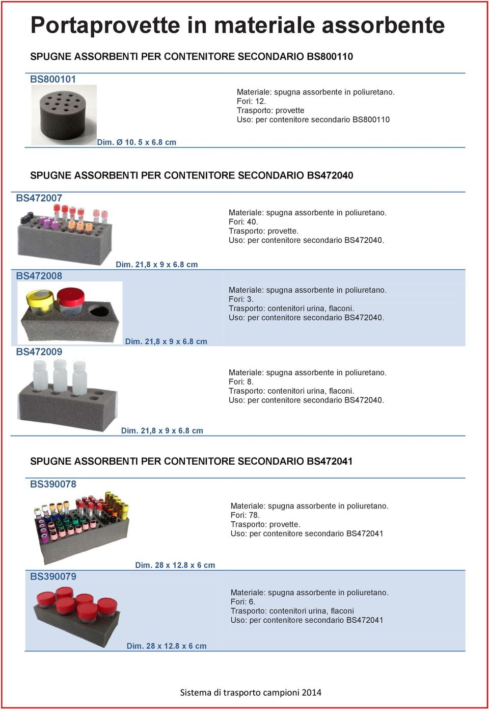 Trasporto: provette. Uso: per contenitore secondario BS472040. BS472008 Dim. 21,8 x 9 x 6.8 cm Materiale: spugna assorbente in poliuretano. Fori: 3. Trasporto: contenitori urina, flaconi.