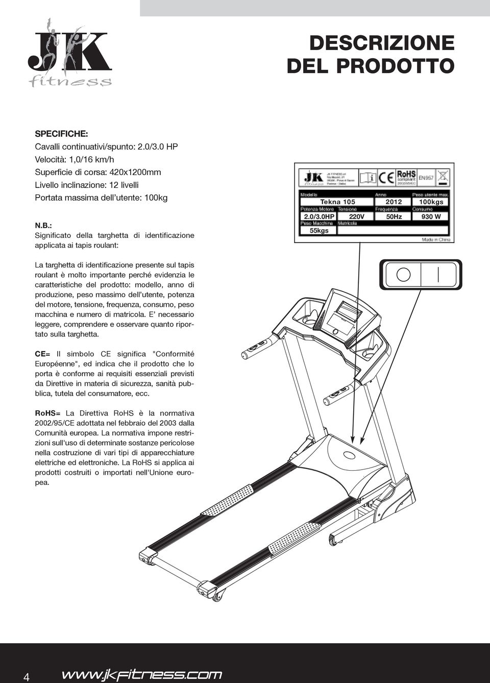 : Significato della targhetta di identificazione applicata ai tapis roulant: Tekna 105 2012 100kgs 2.0/3.