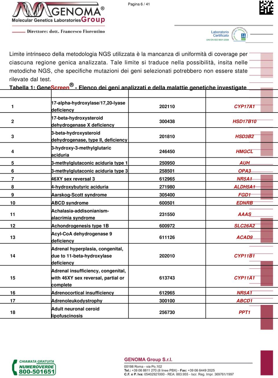 Tabella 1: GeneScreen - Elenco dei geni analizzati e della malattie genetiche investigate DISEASE NAME PhenoMIM GENE 1 17-alpha-hydroxylase/17,20-lyase 202110 CYP17A1 2 17-beta-hydroxysteroid