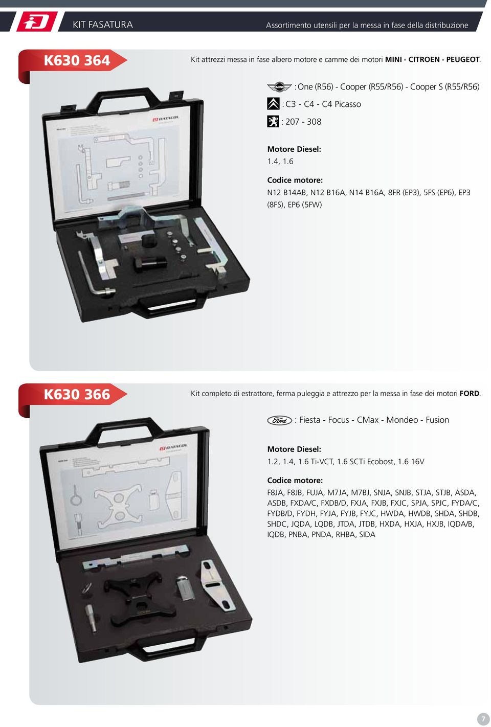 6 N12 B14AB, N12 B16A, N14 B16A, 8FR (EP3), 5FS (EP6), EP3 (8FS), EP6 (5FW) K630 366 Kit completo di estrattore, ferma puleggia e attrezzo per la messa in fase dei motori FORD.