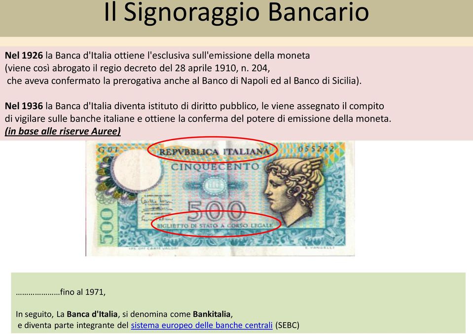 Nel 1936 la Banca d'italia diventa istituto di diritto pubblico, le viene assegnato il compito di vigilare sulle banche italiane e ottiene la conferma del