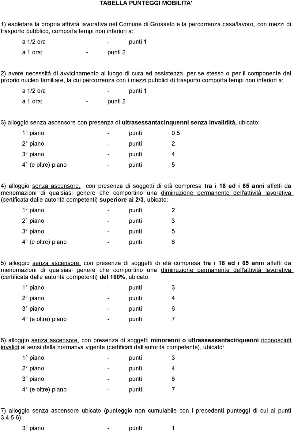 pubblici di trasporto comporta tempi non inferiori a: a 1/2 ora - punti 1 a 1 ora; - punti 2 3) alloggio senza ascensore con presenza di ultrasessantacinquenni senza invalidità, ubicato: 1 piano -