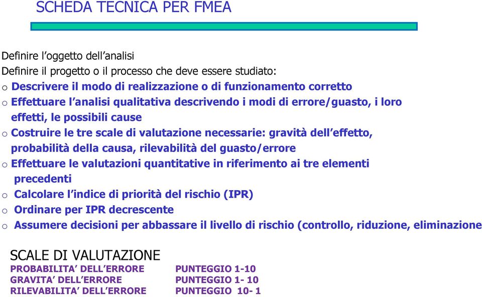 rilevabilità del guasto/errore o Effettuare le valutazioni quantitative in riferimento ai tre elementi precedenti o Calcolare l indice di priorità del rischio (IPR) o Ordinare per IPR decrescente o