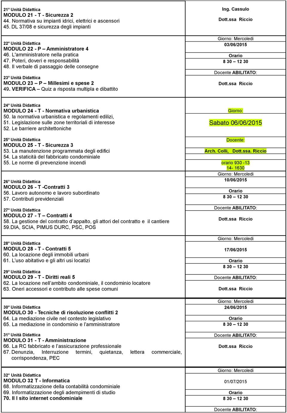 VERIFICA Quiz a risposta multipla e dibattito Ing. Cassulo 03/06/2015 24 a Unità Didattica MODULO 24 - T - Normativa urbanistica 50. la normativa urbanistica e regolamenti edilizi, 51.