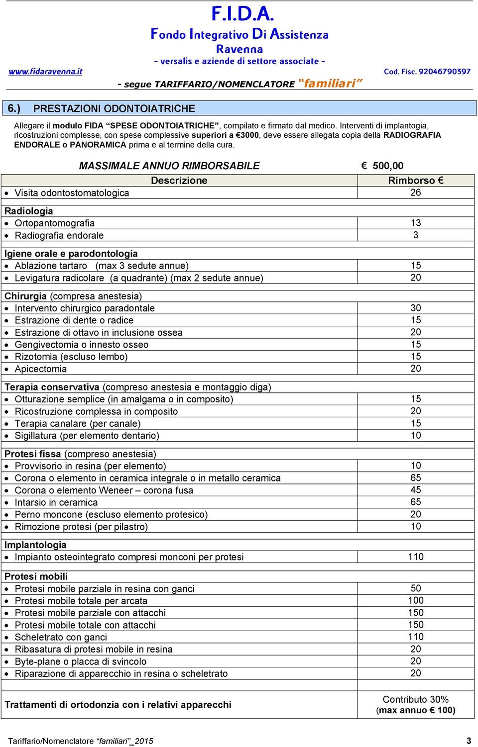 MASSIMALE ANNUO RIMBORSABILE 500,00 Visita odontostomatologica 26 Radiologia Ortopantomografia 13 Radiografia endorale 3 Igiene orale e parodontologia Ablazione tartaro (max 3 sedute annue) 15