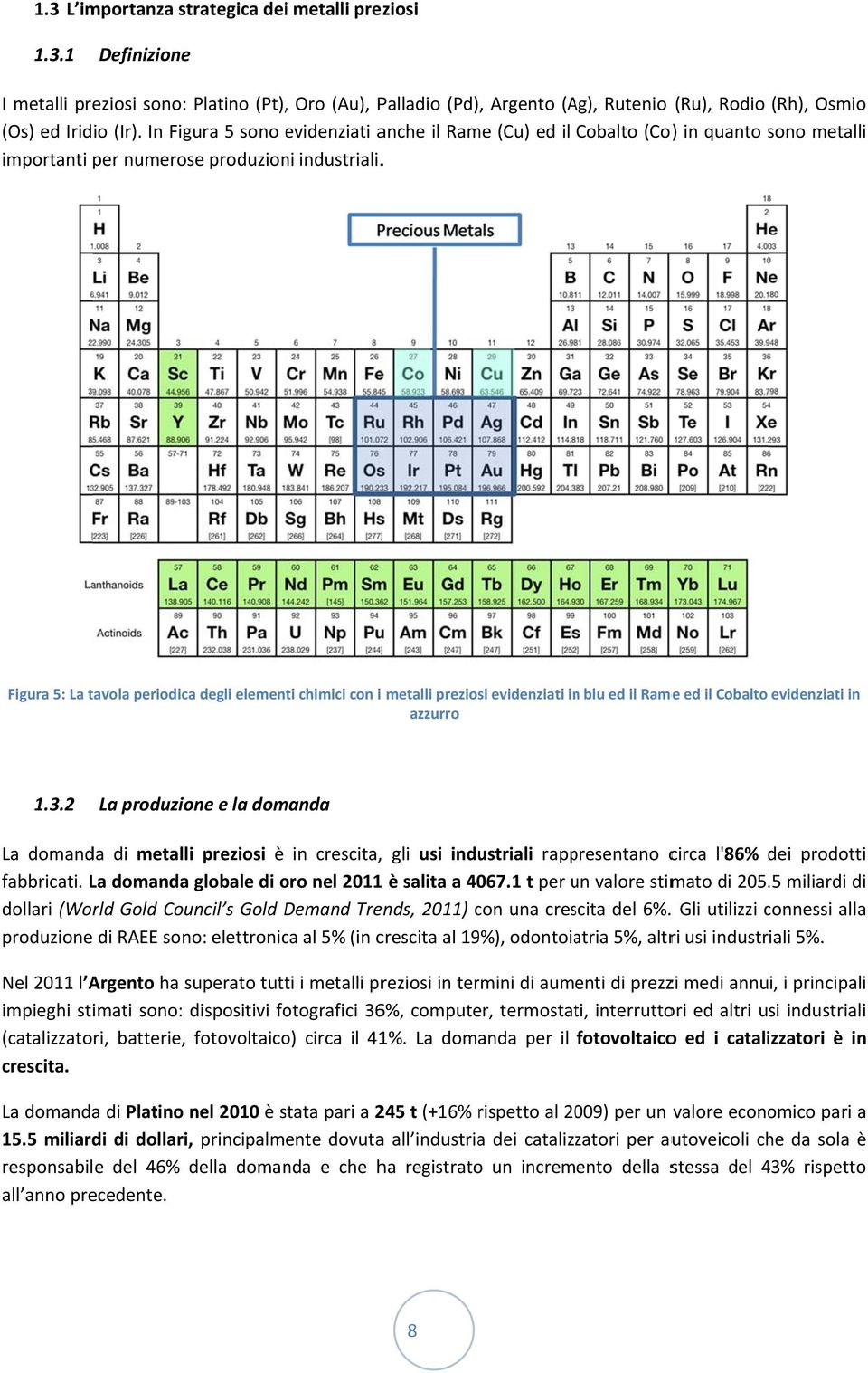 . Figura 5: La tavola periodica degli elementi chimici con i metalli preziosi evidenziati inn blu ed il Ramee ed il Cobalto evidenziati in azzurro 1.3.
