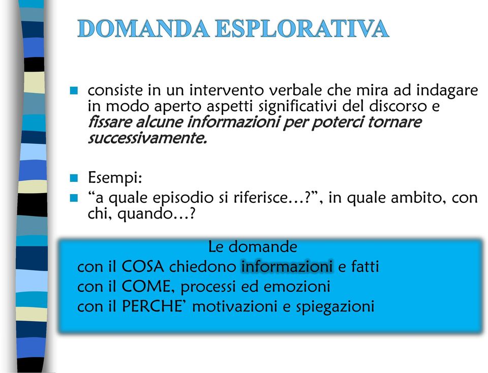 Esempi: a quale episodio si riferisce?, in quale ambito, con chi, quando?